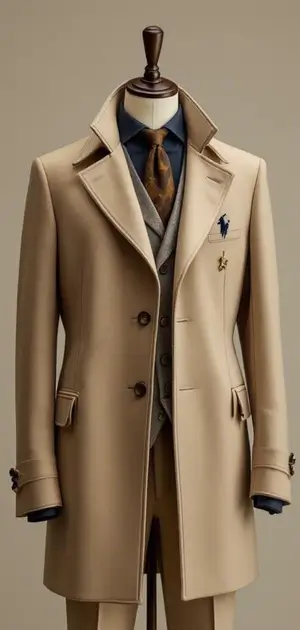 Beige coat with notch lapels and three-button closure