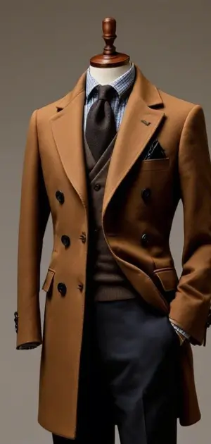 Camel double-breasted coat styled with a tie and pocket square