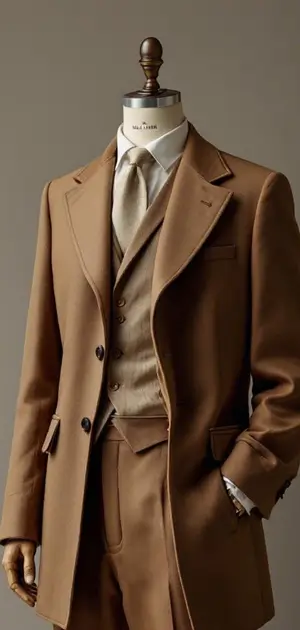 Tan single-breasted coat with a matching three-piece suit