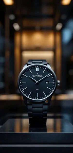 Calvin Klein black watch with a date window and sleek design