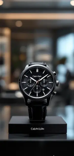 A Calvin Klein black chronograph watch displayed on a stand