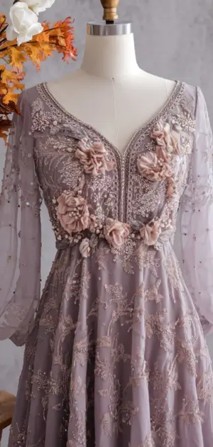 Lavender A-line dress with floral appliques and embroidery