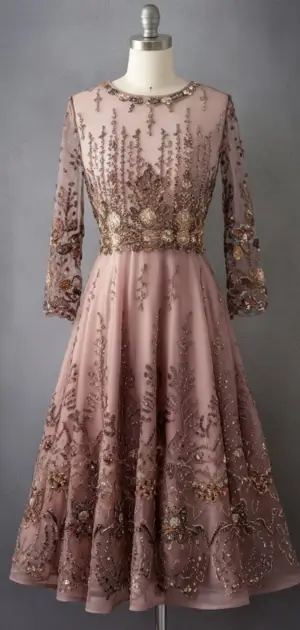 Pink A-line dress with gold floral embroidery.