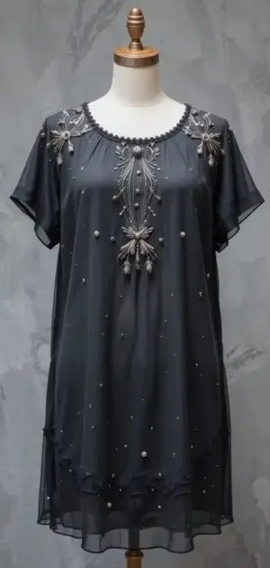 Black shift dress with starburst embellishments