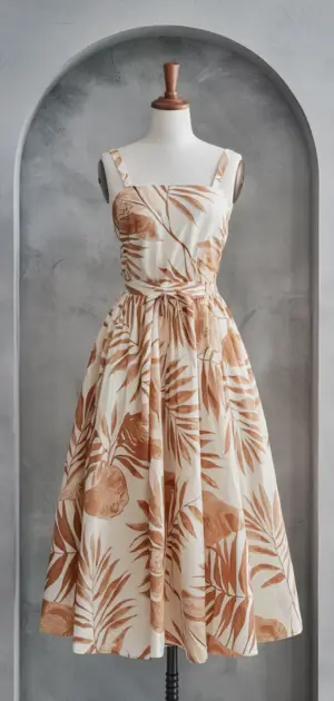 Beige tropical print dress with bow on a mannequin