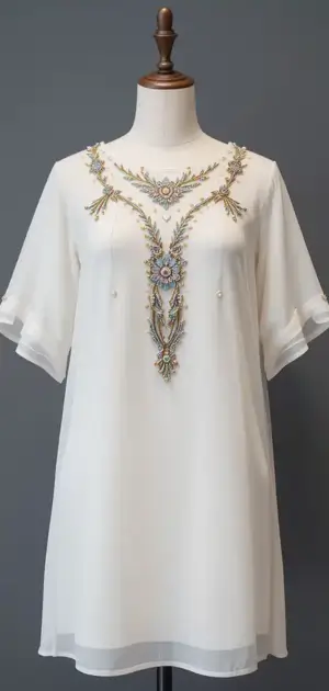 White shift dress with elaborate embroidery