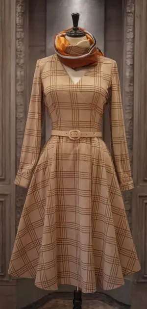 Elegant tan checked fall dress with scarf