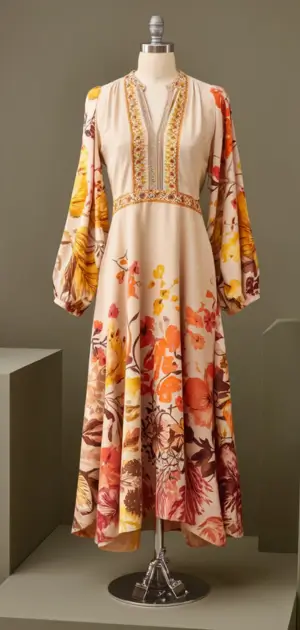 Flowy fall dress with floral embroidery