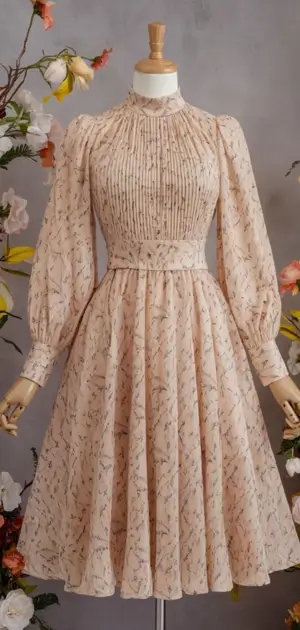 High-neck fall dress with light patterns