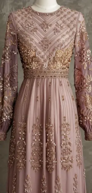 Pink maxi dress adorned with gold and silver embroidery