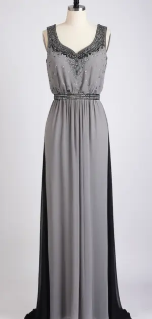 Sleeveless gray maxi dress with detailed embroidery