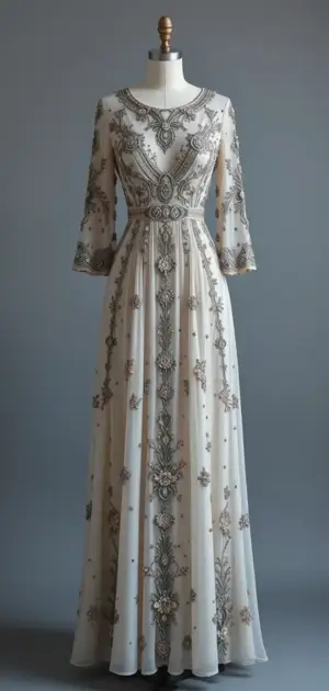 Grey maxi dress with delicate metallic embroidery