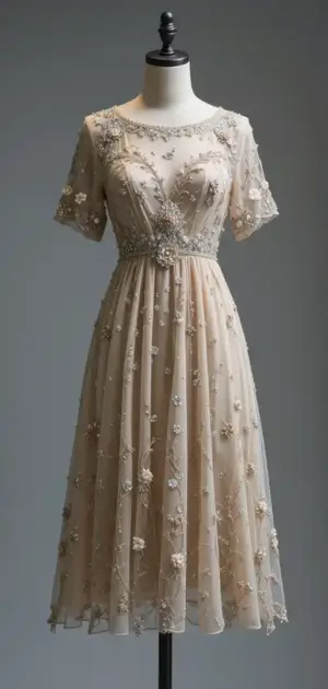 Beige floral midi dress with short sleeves