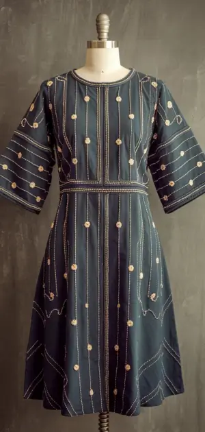 Navy blue shift dress with bead details