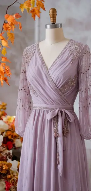 Embellished mauve wrap dress on a mannequin.