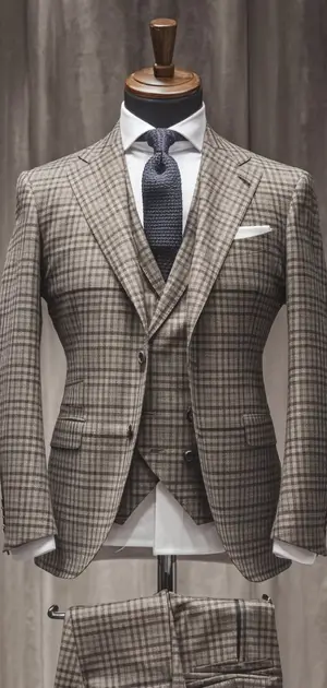 Brown check suit paired with a navy tie