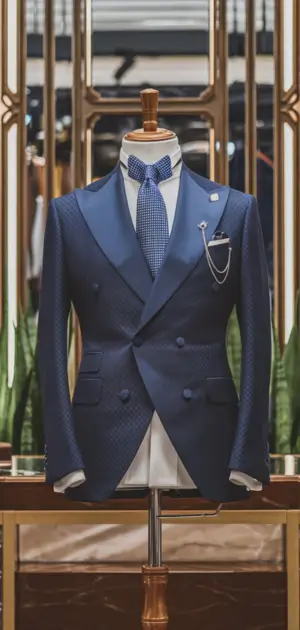 Navy Glen Check suit elegantly presented