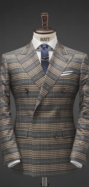 Grey and brown checked double-breasted suit