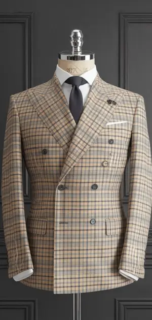 Beige check double-breasted modern fit suit