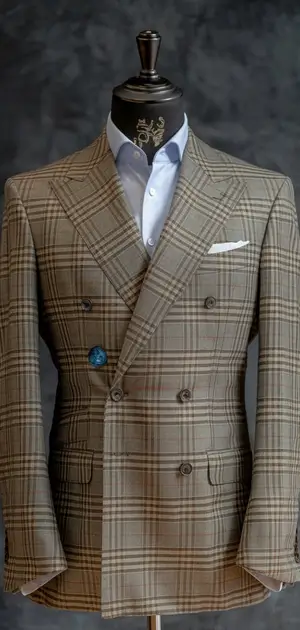 Brown check double-breasted suit on mannequin