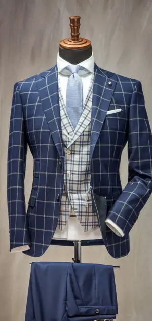 Blue check three-piece suit with plaid design