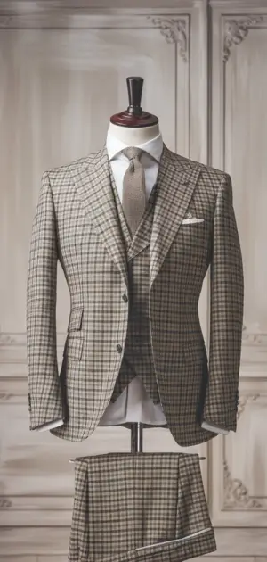 Elegant beige check three-piece suit on display