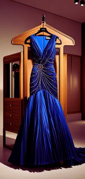 A woman in a royal blue evening gown with lace details.