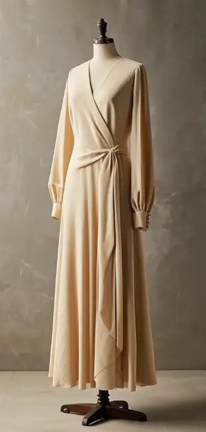 A woman in a floor-length Salmon formal dress.