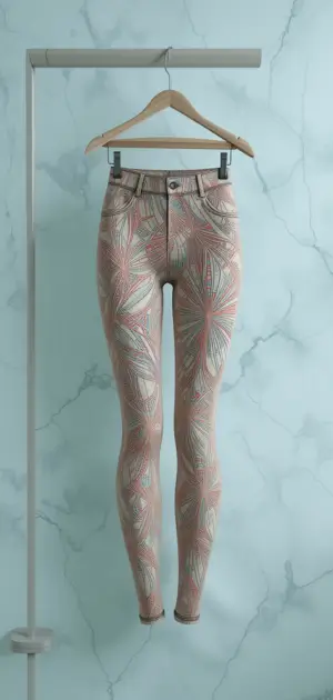 A pair of patterned classic leggings with a high-waist design on a hanger.