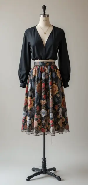 A black long-sleeve blouse with a floral embroidered midi skirt.