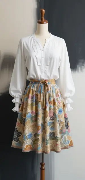 A mannequin wearing a white blouse and a floral mid-length skirt.