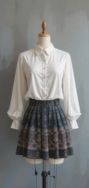 A mannequin dressed in a white blouse and navy-blue mini skirt.