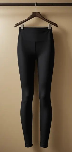 A pair of black office leggings hanging on a wooden hanger against a beige background.