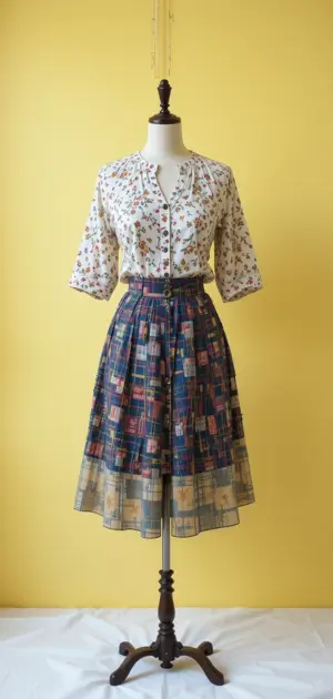 Vintage-inspired plaid midi skirt paired with a chic floral blouse.