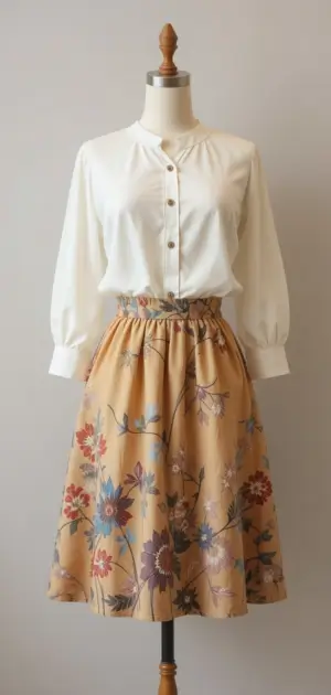 Feminine spring outfit featuring a floral skirt and a white blouse.