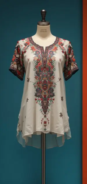White summer blouse with colorful embroidery and short sleeves. 