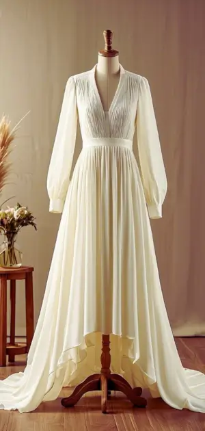 Elegant satin wedding guest gown in neutral tones.