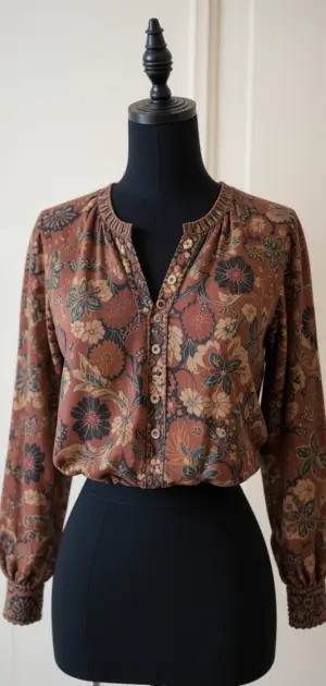 Brown floral blouse with button-up front on a black mannequin.
