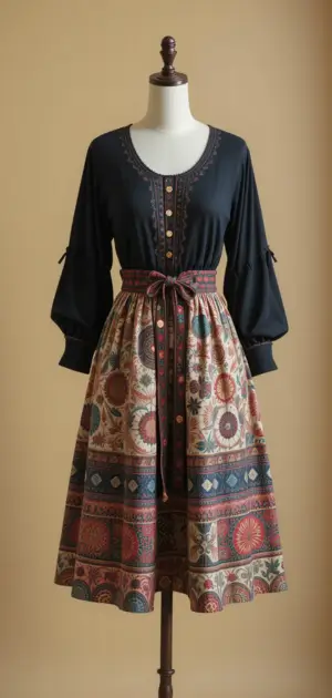 Black dress with a printed skirt and buttons, perfect for winter.
