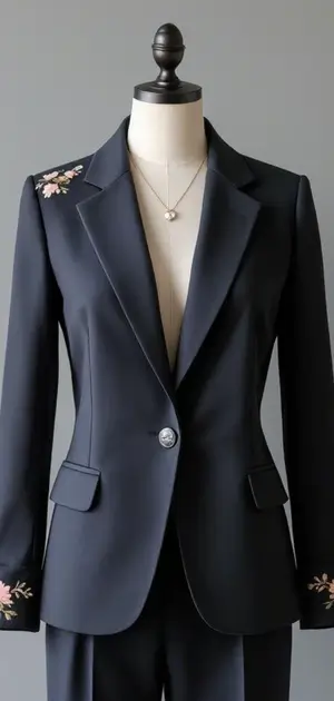 Navy classic blazer with floral embroidery on the shoulders and cuffs