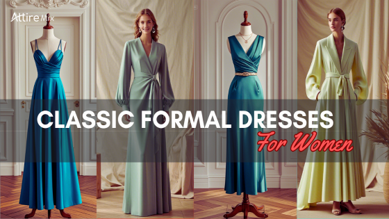 Classic formal dresses for women at a black-tie event.