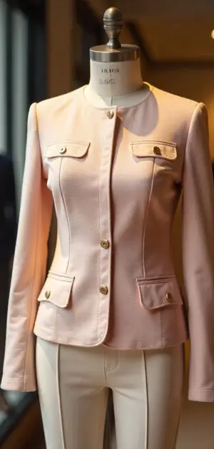 Light pink jacket with gold buttons on mannequin
