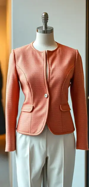 Peach jacket with button closure on display