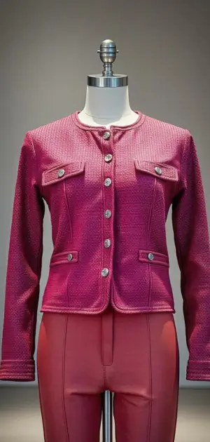 Pink textured jacket with silver buttons on display