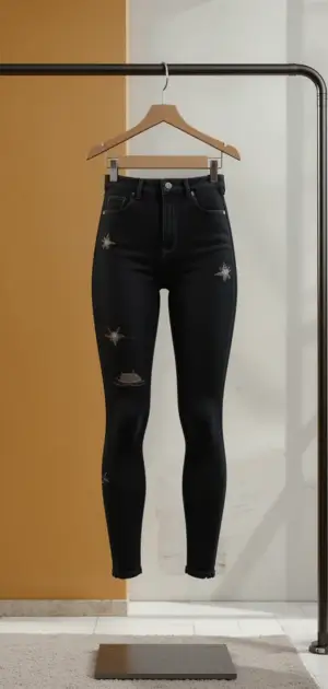 A pair of black distressed classic leggings hanging on a wooden hanger.