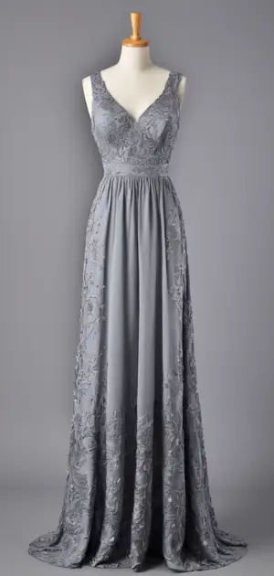 Grey maxi dress with embellished waist and V-neck