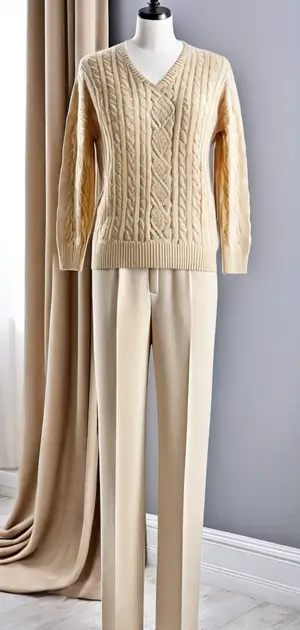 Cable knit v-neck sweater set in beige