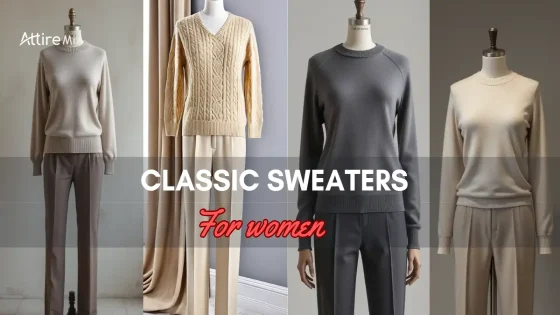 Assorted classic sweaters for women displayed on mannequins