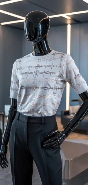 White T-shirt with subtle script patterns, paired with grey trousers