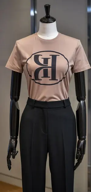 Classic beige T-shirt with a large letter 'H' logo, paired with black trousers